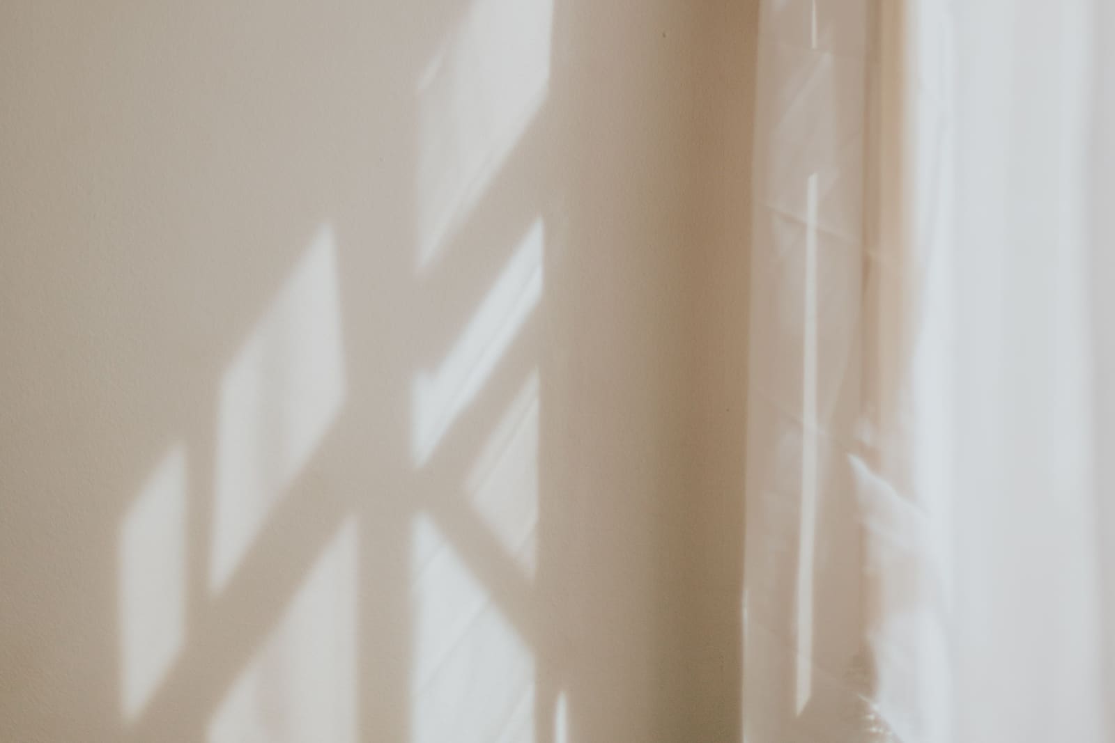 Soft window light falling across a cream wall beside a sheer curtain